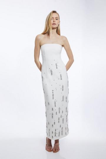 Crystal Embellished Bandeau Midi Dress ivory