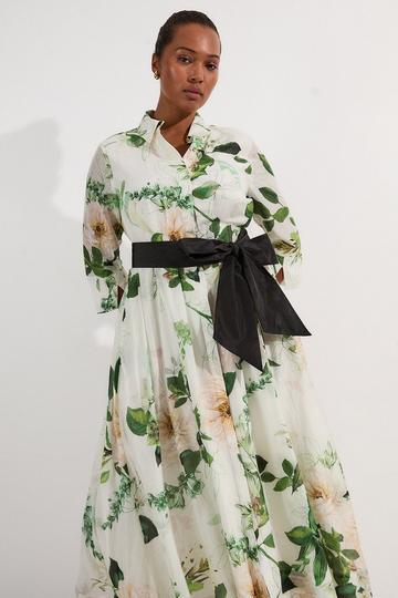 Lydia Millen Plus Size Floral Silk Cotton Woven Shirt Dress white