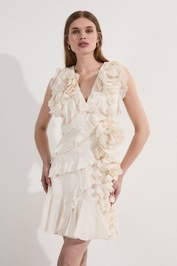 Ruffle & Applique Viscose Mini Dress ivory