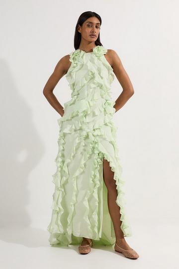 Ruffle & Applique Racer Front Viscose Woven Maxi Dress sage