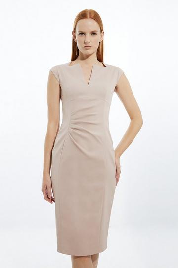 Petite Italian Structured Rib Tailored Envelope Neck Pencil Midi Dress rose