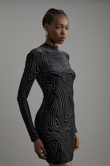Black Velvet Devore Jersey Cut Out Mini Dress