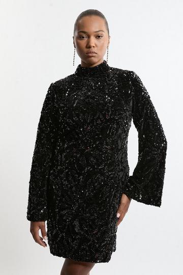 Black Plus Size Velvet Sequin Flare Woven Mini Dress