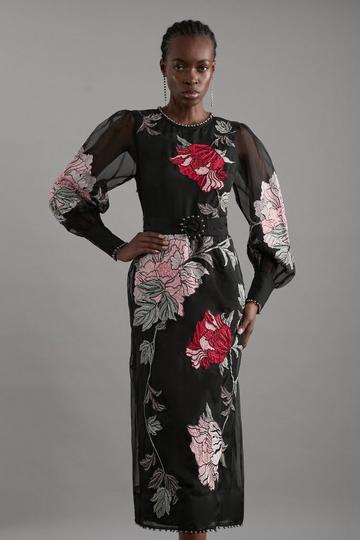 Applique And Embroidered Organdie Woven Maxi Bandeau Dress With Beading floral