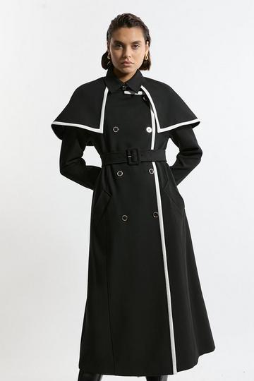 Black Tailored Contrast Tip Detail Cape Trench Midi Coat