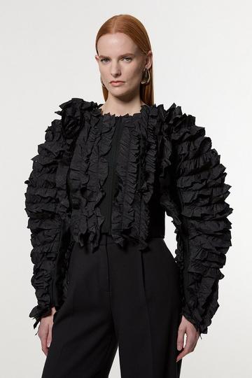 Black Figure Form Bandage Knit Woven Rosette Detail Jacket