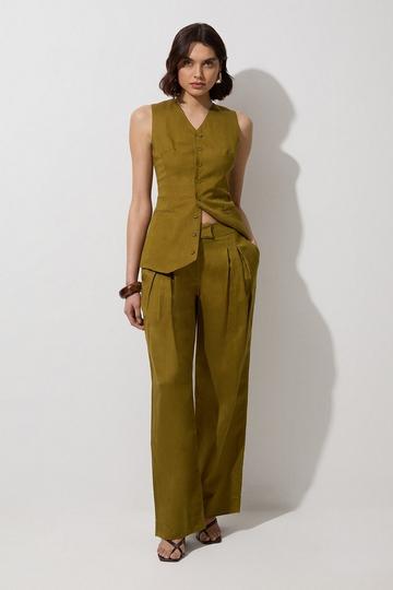 Tall Viscose Linen Pleat And Pocket Detail Woven Straight Leg Trouser khaki