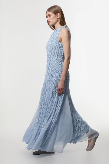 Blue Embellished Ruffle Keyhole Cutout Woven Maxi Dress