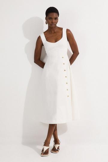 Petite Tailored Denim Sleeveless Full Skirted Midi Dress ivory