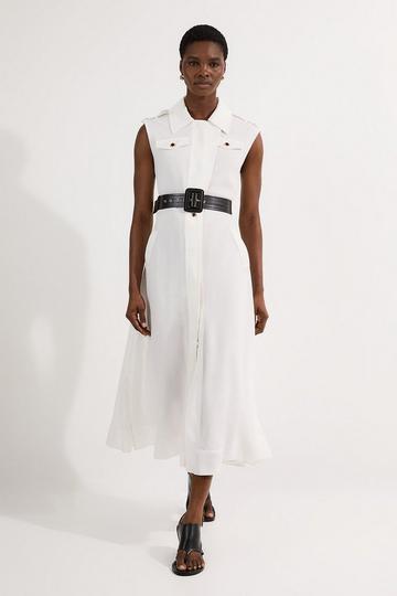 Petite Viscose Georgette Woven Trench Sleeveless Midi Dress ivory