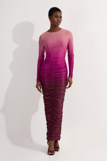 Petite Ombre Printed Mesh Ruched Long Sleeve Maxi Dress pink