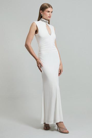 Embellished Jersey Crepe Maxi Dress ivory
