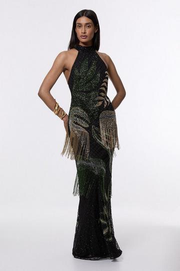 Petite Tropical Beaded Strappy Back Woven Halter Maxi Dress black